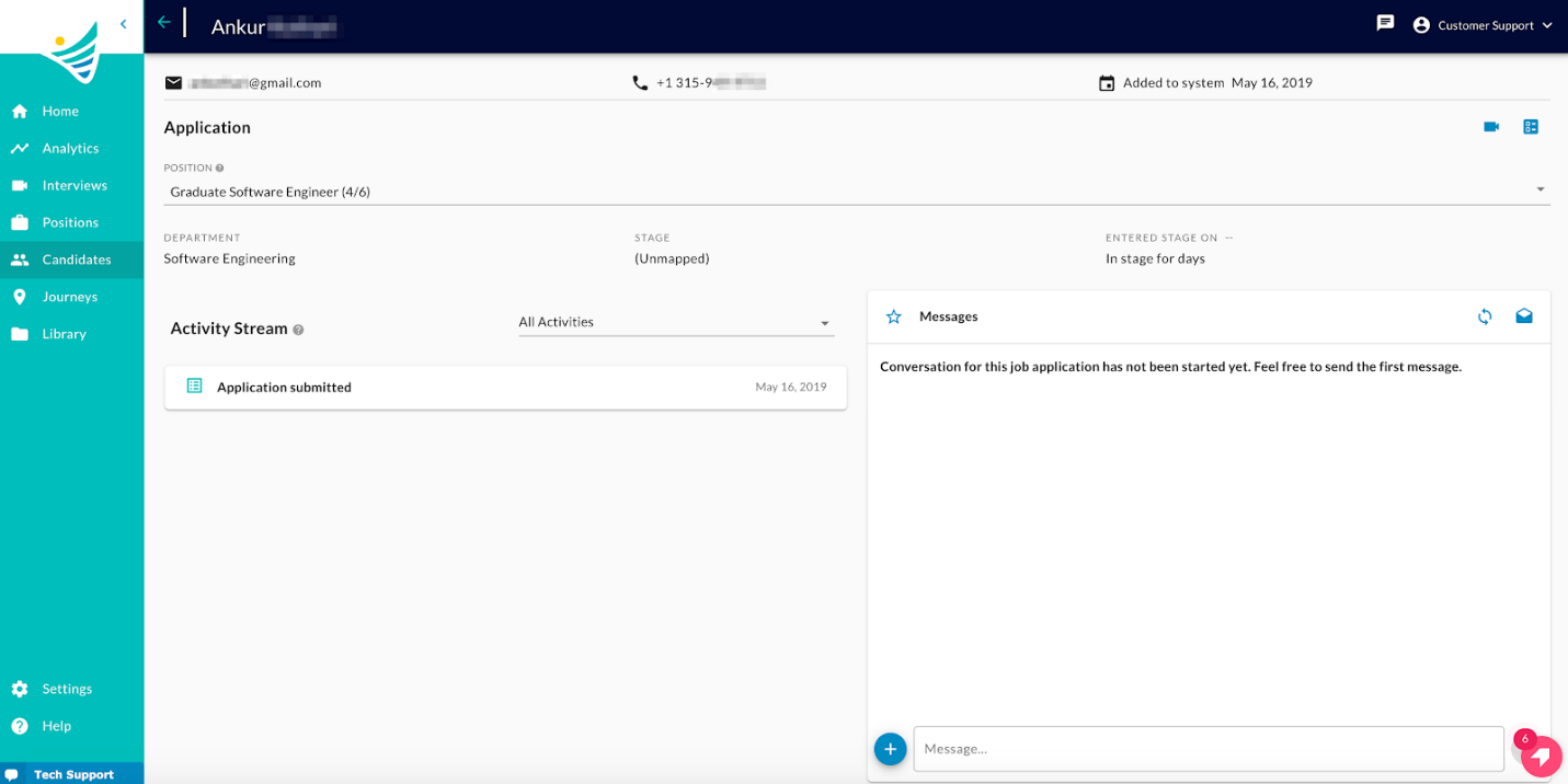 A candidate profile page with application details, an activity stream and a Messages panel