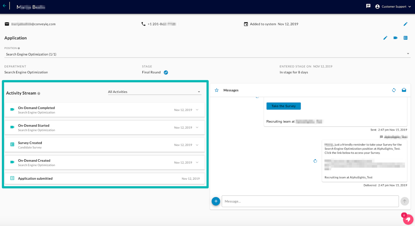 A candidate profile page with the Activity Stream list highlighted by a teal box