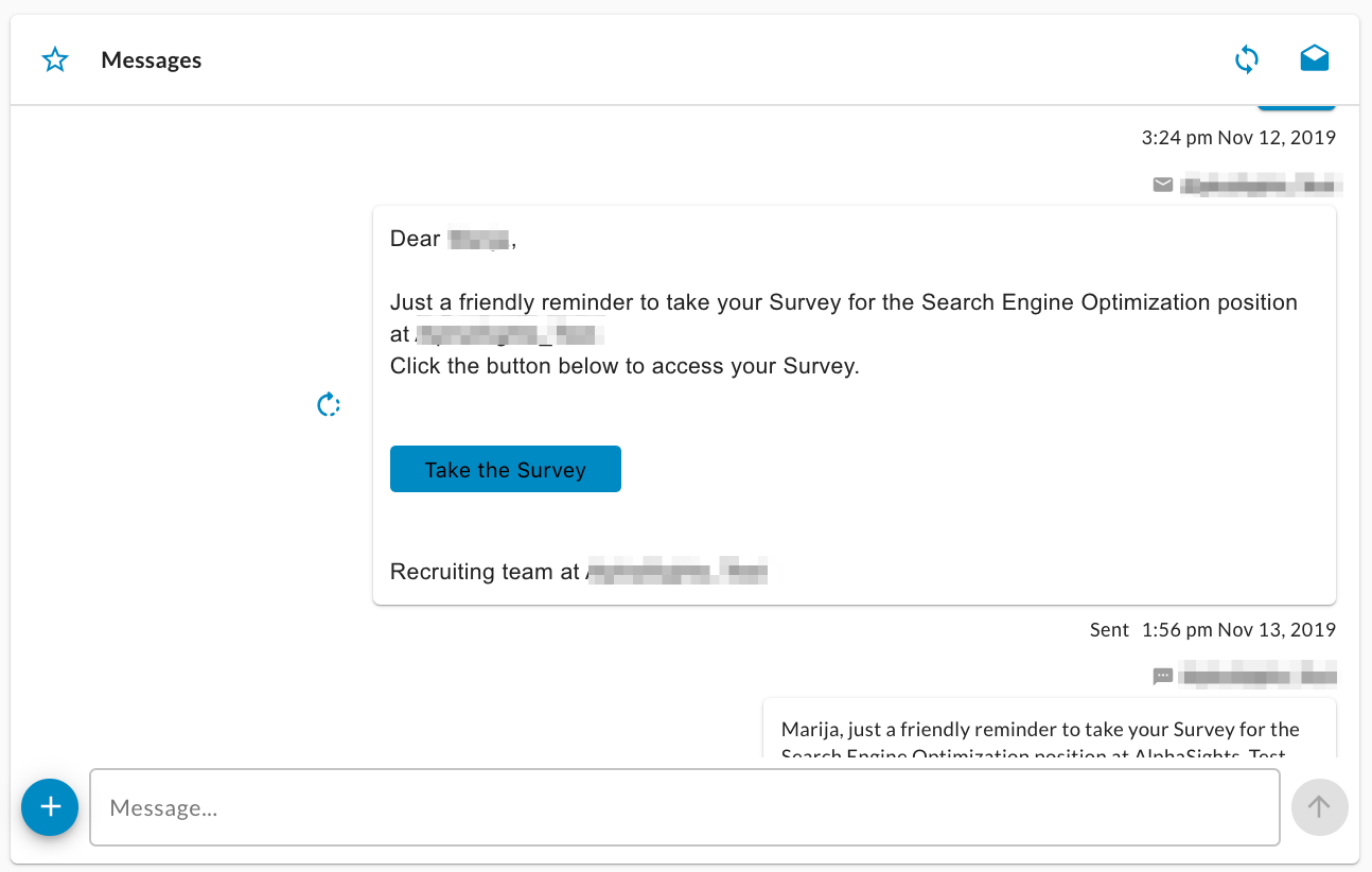 The Messages panel of a candidate profile showing a survey reminder email and a message box