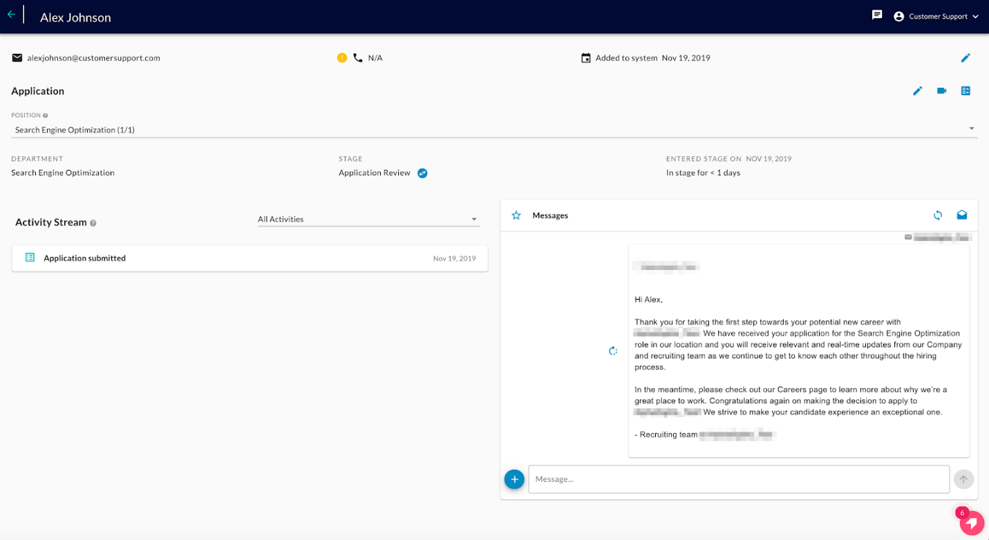 A candidate profile page with application details, an activity stream with one entry and a message in the Messages panel
