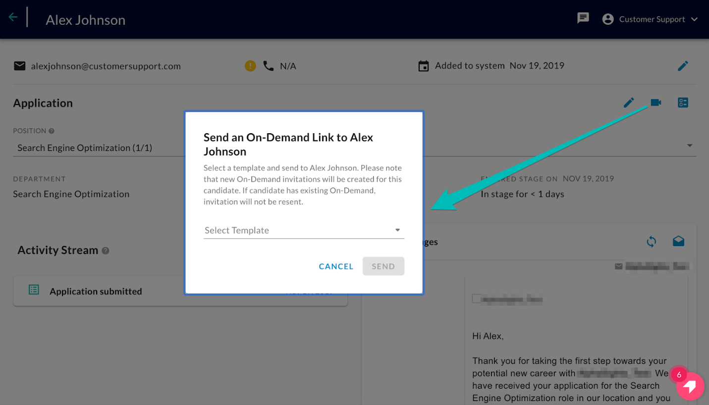 The Send an On-Demand Link dialog with a Select Template field and an arrow pointing from the video camera icon