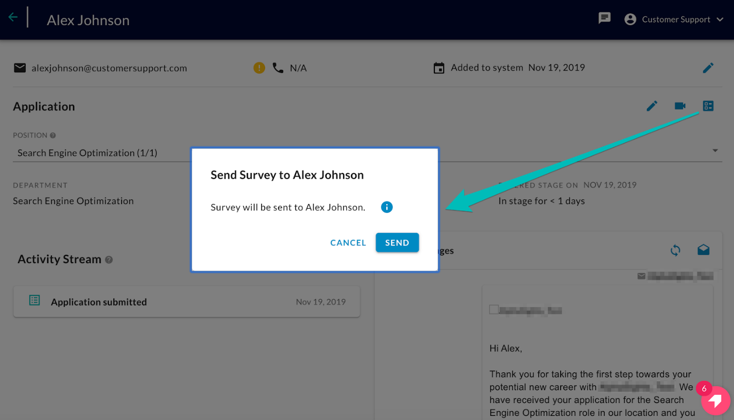 The Send Survey dialog with Cancel and Send buttons and an arrow pointing from the survey icon