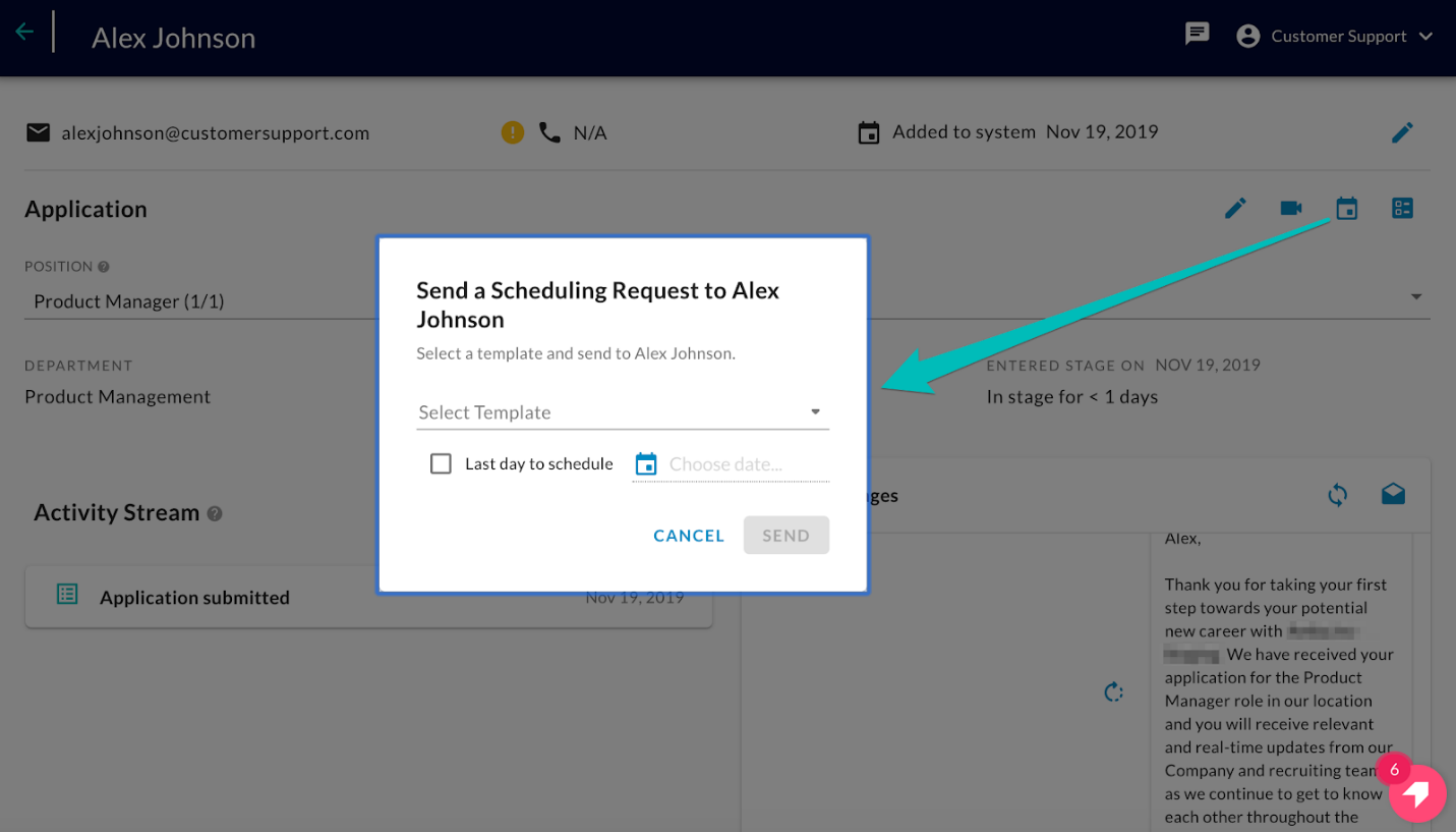 The Send a Scheduling Request dialog with template and last day options, and an arrow from the calendar icon