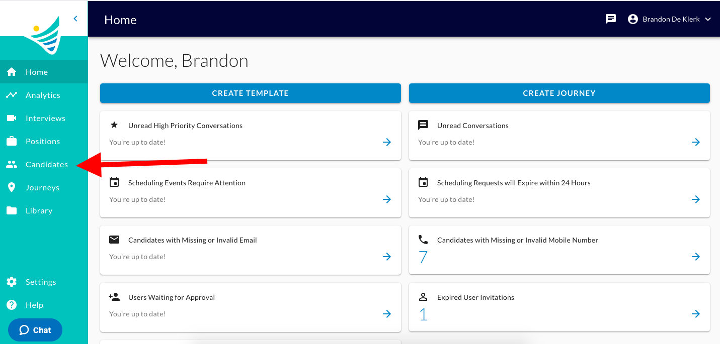 The ConveyIQ Home page with a red arrow pointing to Candidates in the left menu