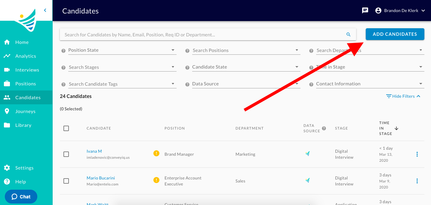 The Candidates page with a red arrow pointing to the Add Candidates button