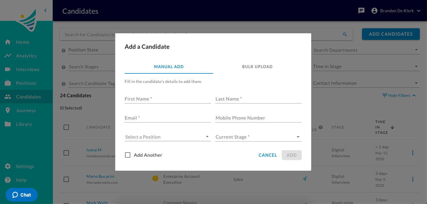 The Add a Candidate dialog with the Manual Add tab open and empty candidate detail fields
