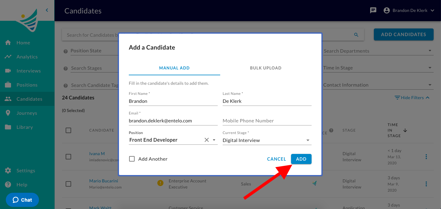 The Add a Candidate dialog with the Manual Add fields filled in and a red arrow pointing to the Add button
