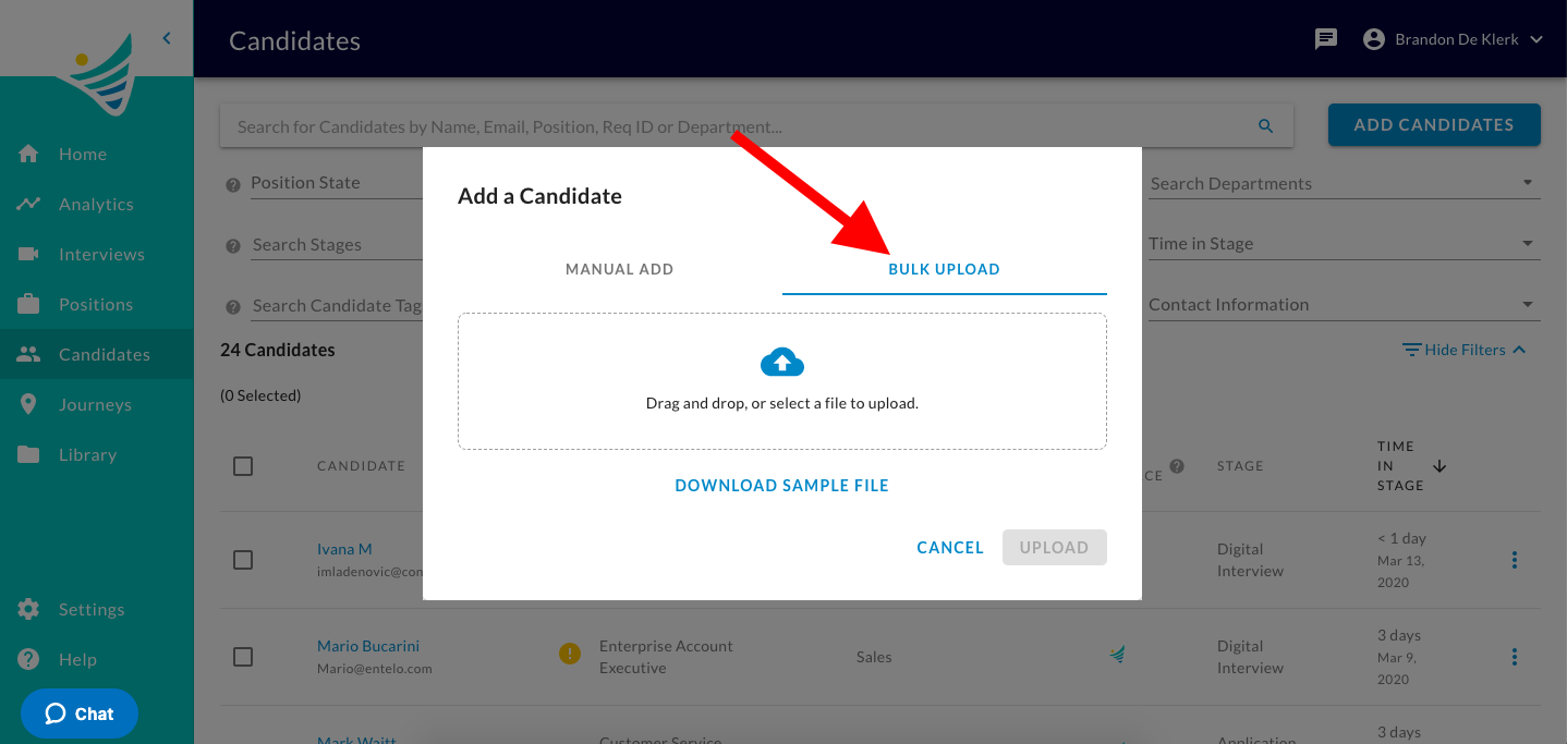 The Add a Candidate dialog with a red arrow pointing to the Bulk Upload tab