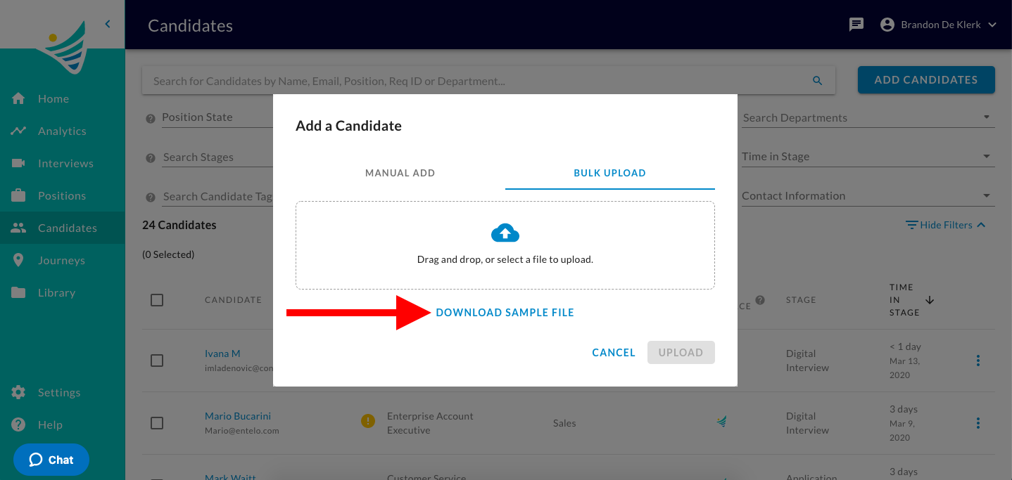 The Bulk Upload tab of the Add a Candidate dialog with a red arrow pointing to Download Sample File