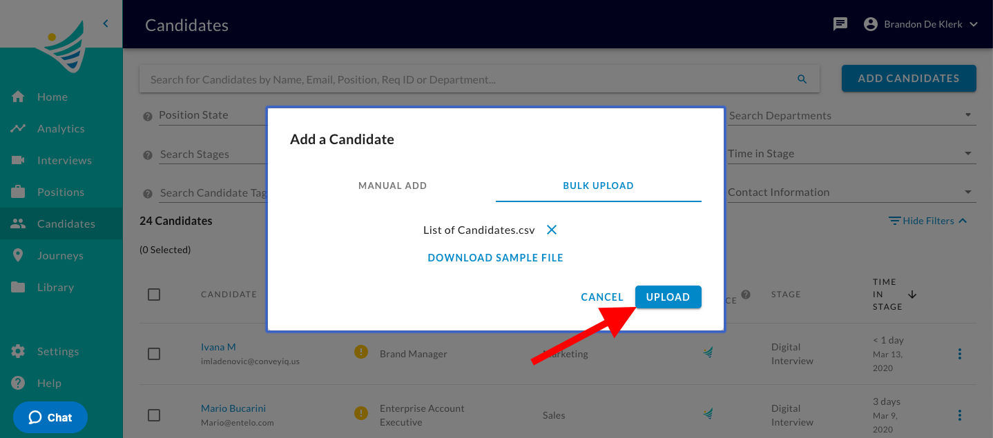 The Bulk Upload tab with a CSV file selected and a red arrow pointing to the Upload button