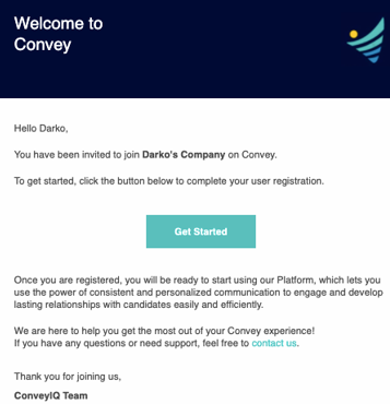 A Welcome to Convey invitation email with a Get Started button
