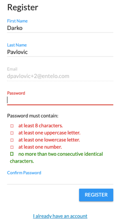 The Register form with the password requirements list shown below the Password field