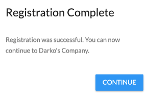The Registration Complete message with a Continue button