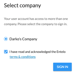 The Select company dialog with a company chosen, the terms checkbox ticked and a Sign In button