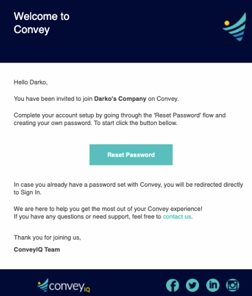 The Welcome to Convey invitation email with a Reset Password button