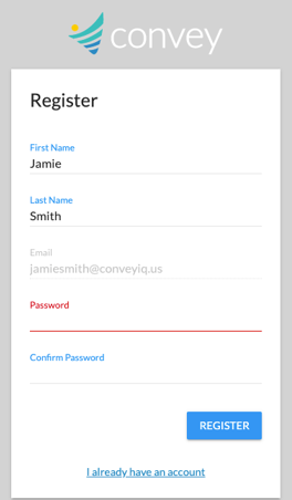 The Register form with first name, last name, email, password and confirm password fields