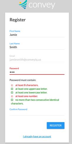 The Register form with the password requirements list shown below the Password field