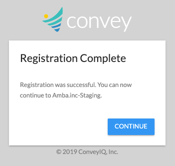 The Registration Complete message with a Continue button