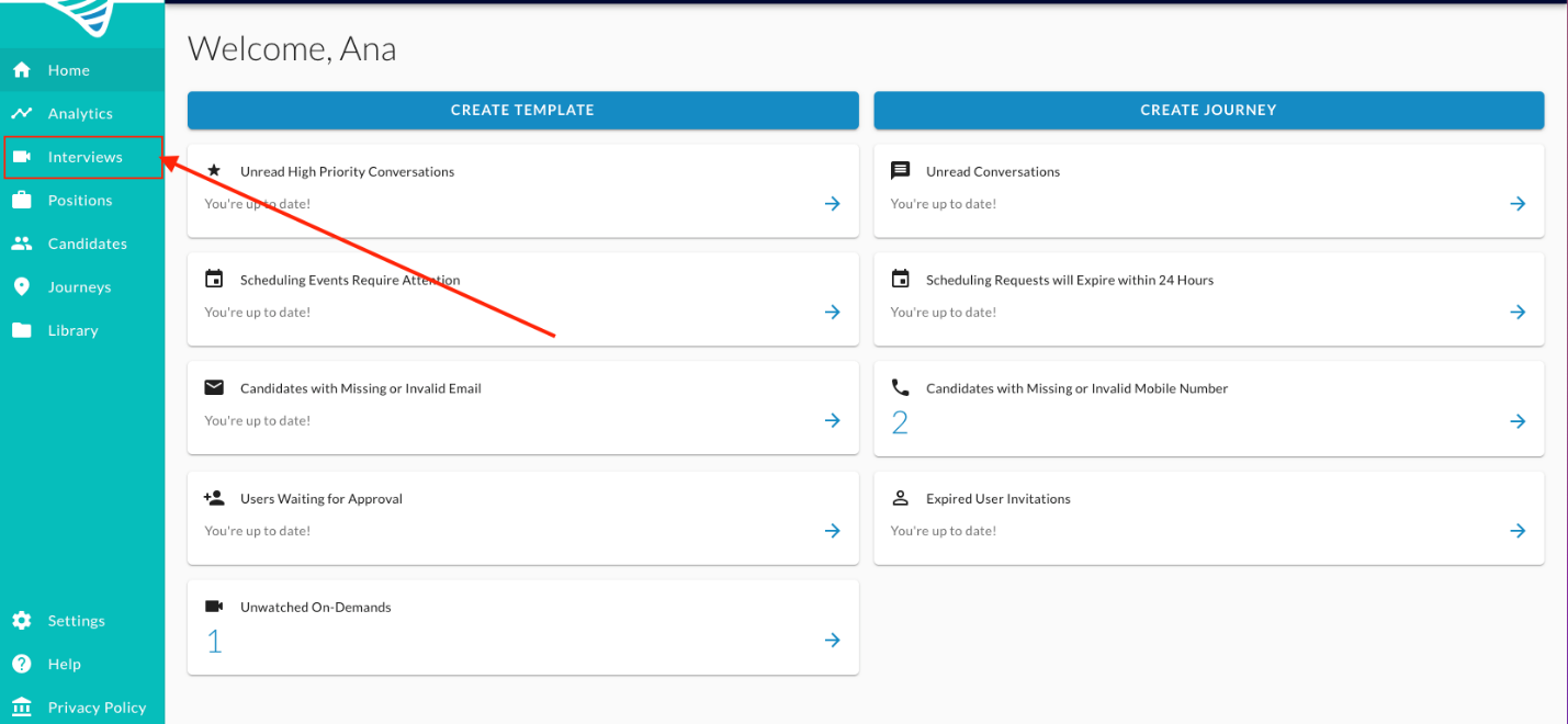 The ConveyIQ home page with an arrow pointing to the Interviews item in the left menu