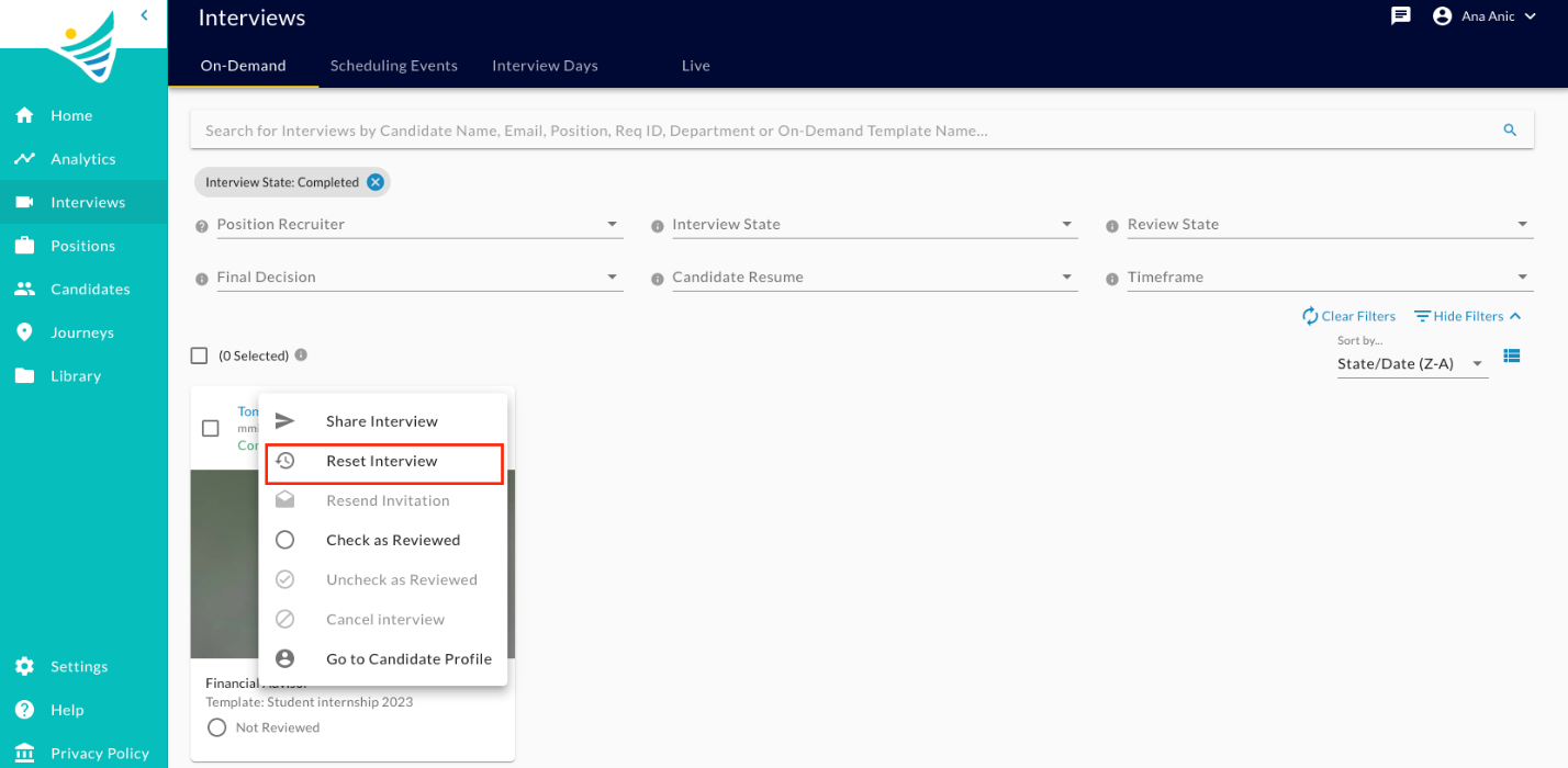 The interview card menu open with the Reset Interview option highlighted