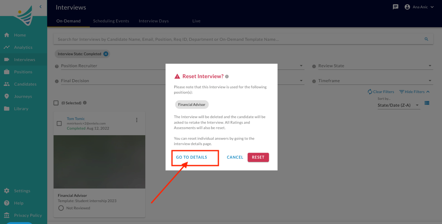 The Reset Interview? dialog with the Go to Details button highlighted and an arrow pointing to it