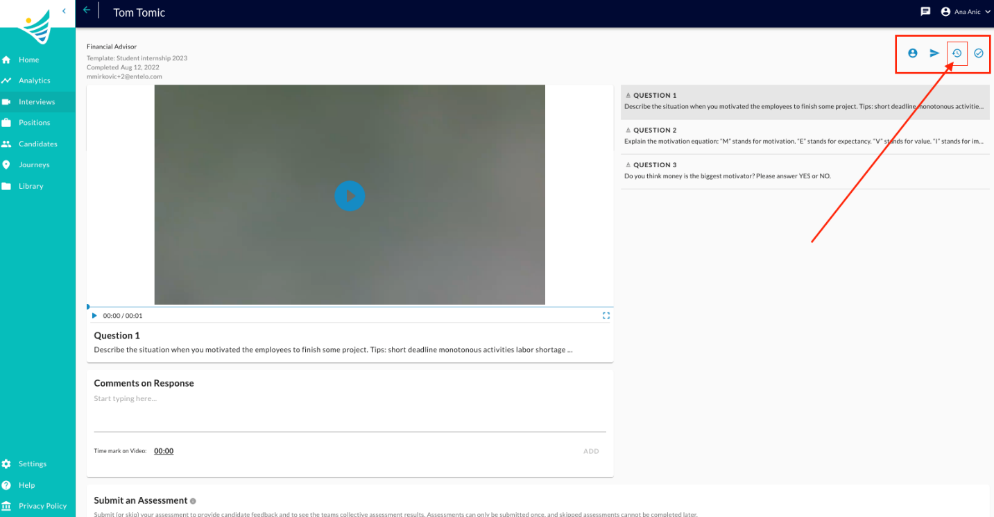 An interview details page with the top right toolbar highlighted and an arrow pointing to the Reset interview icon