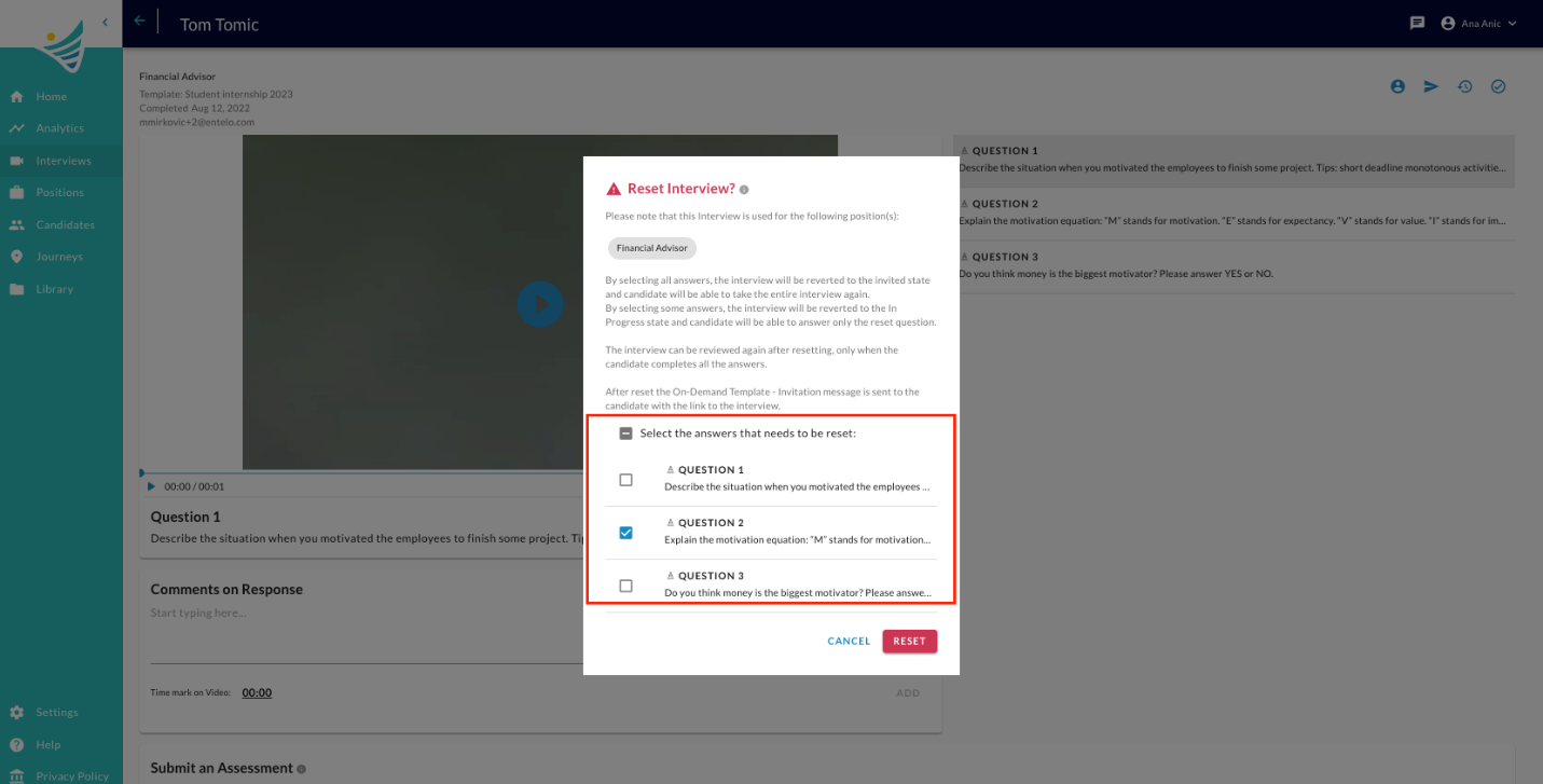 The Reset Interview? dialog with the list of questions highlighted and one question ticked