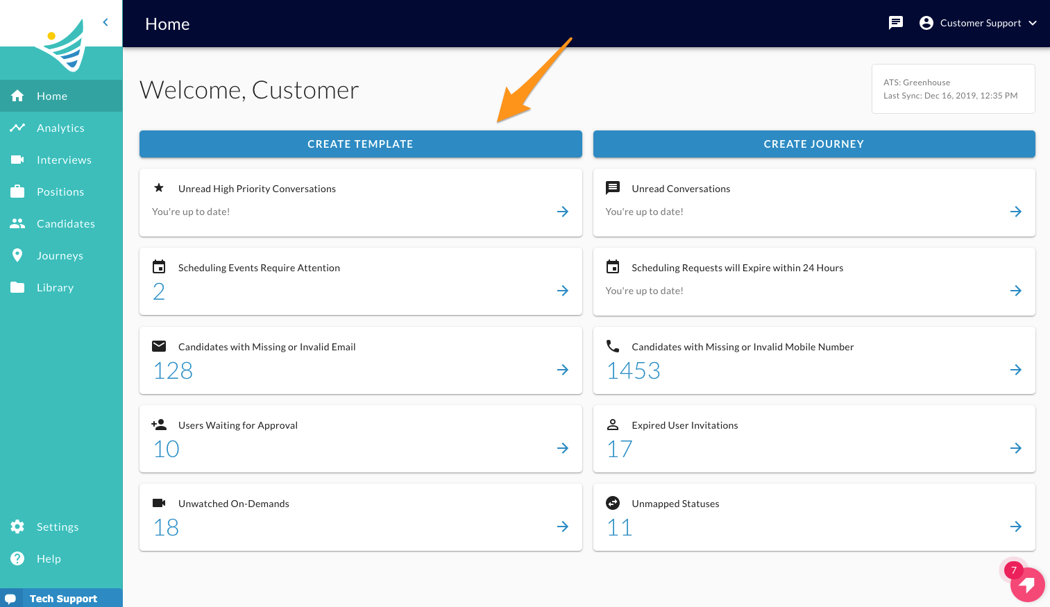 The ConveyIQ Home page with an orange arrow pointing at the Create Template button