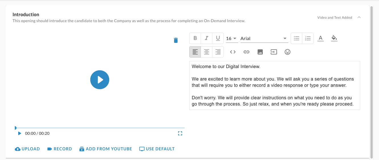 The Introduction section with a video player and upload options, and a text editor holding a welcome message
