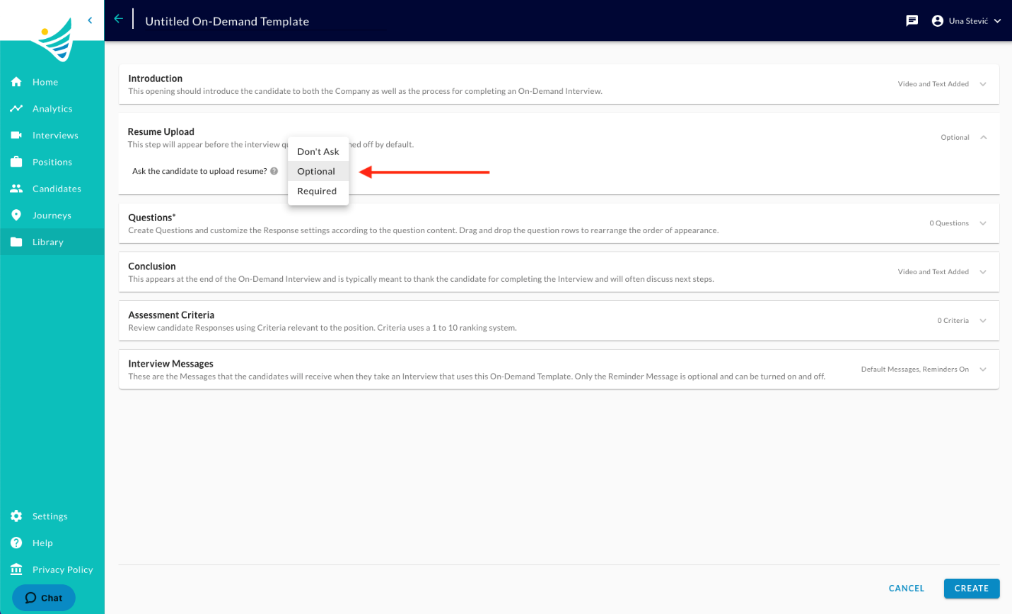 The Untitled On-Demand Template page with the Resume Upload menu open and a red arrow pointing to Optional