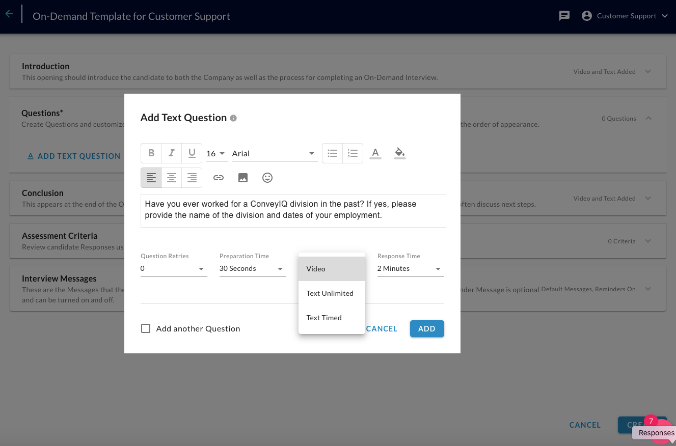 The Add Text Question dialog with a question typed in and a menu listing Video, Text Unlimited and Text Timed