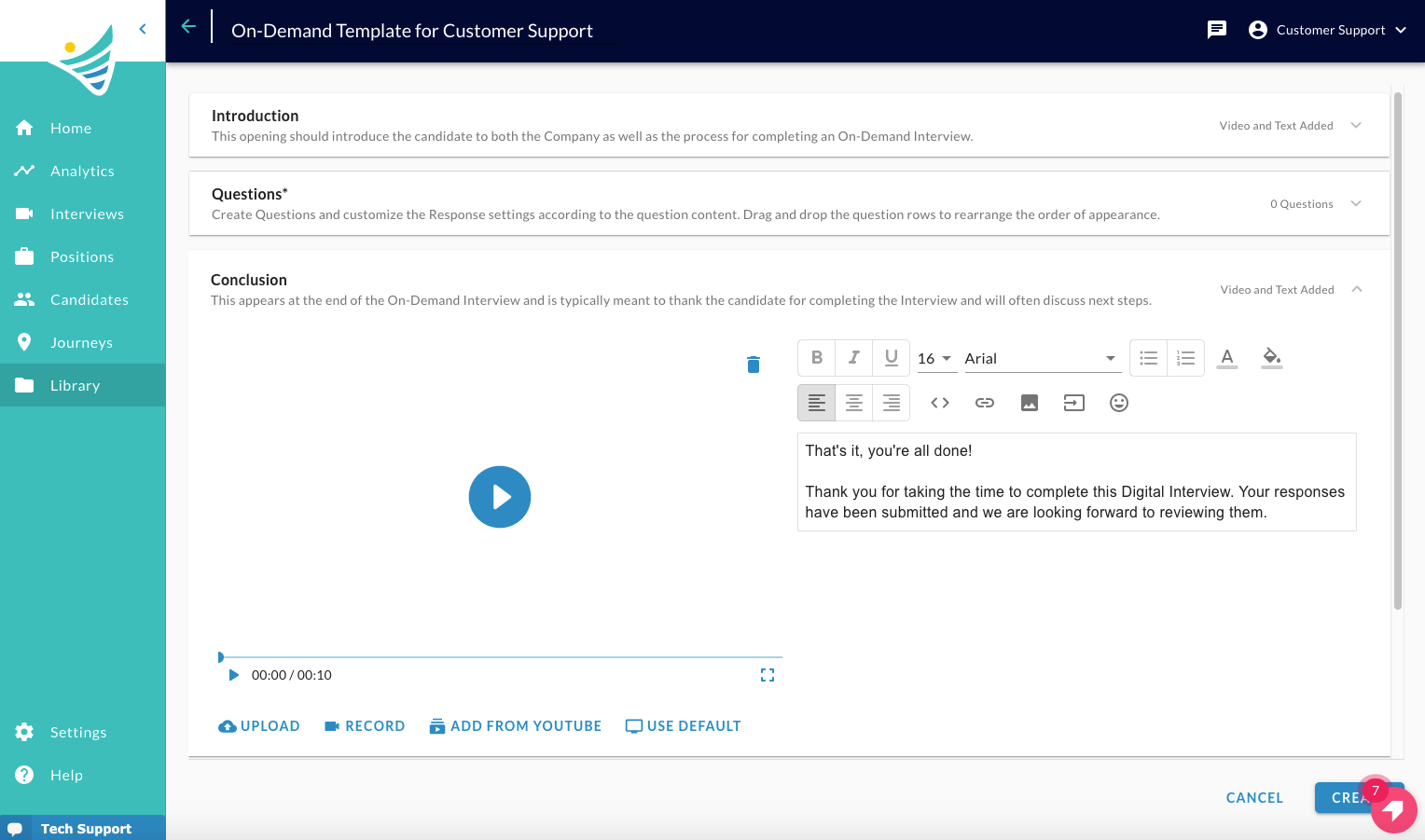 The Conclusion section with a video player, upload options and a text editor holding a thank-you message
