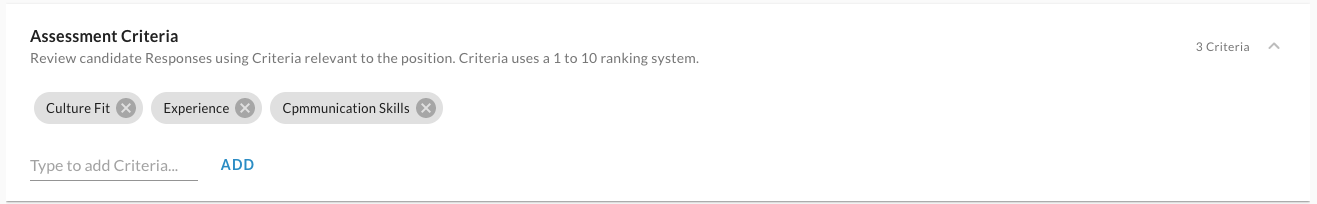 The Assessment Criteria section with three criteria tags and a field to add more criteria