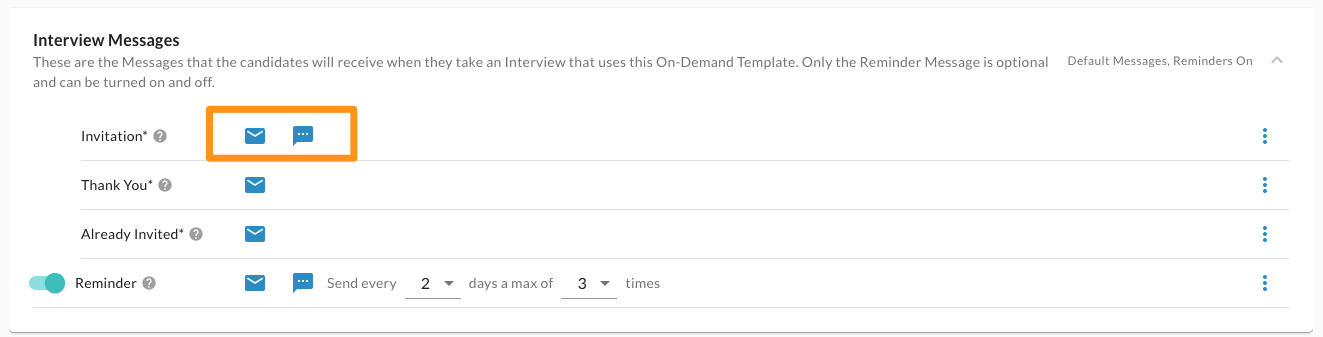 The Interview Messages section with an orange box around the email and text message icons on the Invitation row