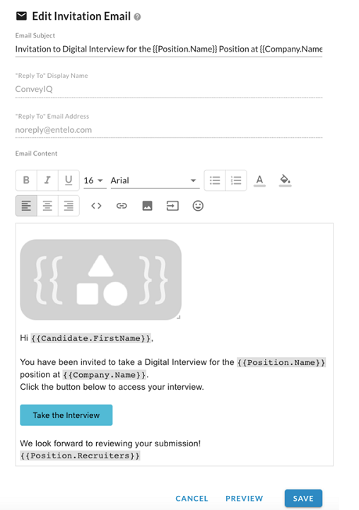 The Edit Invitation Email panel with subject, reply-to fields, a text editor and Cancel, Preview and Save buttons