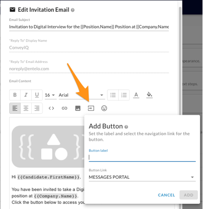 The Edit Invitation Email panel with an orange arrow pointing to the button tool and the Add Button dialog open
