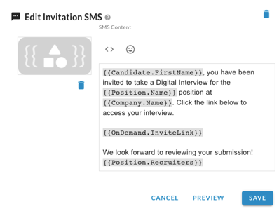 The Edit Invitation SMS panel with the SMS content and Cancel, Preview and Save buttons