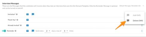 The Interview Messages list with an orange arrow pointing to Delete SMS in a row menu