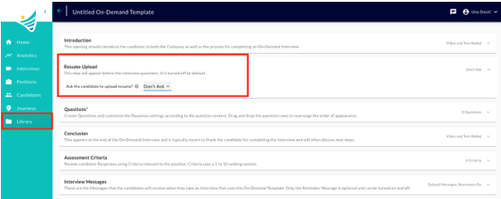 The On-Demand template editor with the Resume Upload section and the Library menu item highlighted