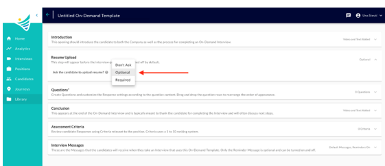 The Resume Upload dropdown open with Don't Ask, Optional and Required options and an arrow pointing to Optional