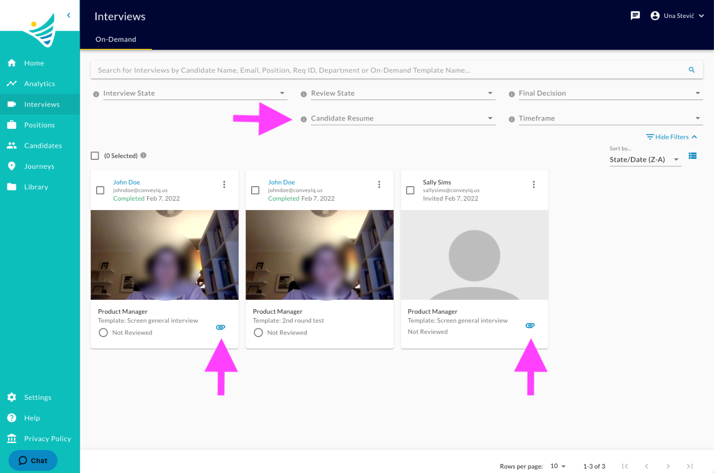 The Interviews page with arrows pointing to the Candidate Resume filter and the paperclip icons on interview cards