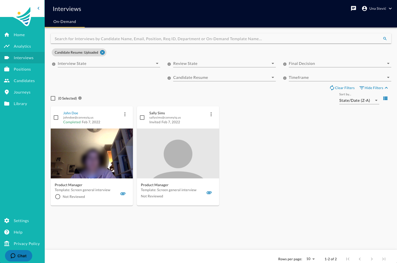 The Interviews page filtered by Candidate Resume: Uploaded, showing two interview cards with paperclip icons