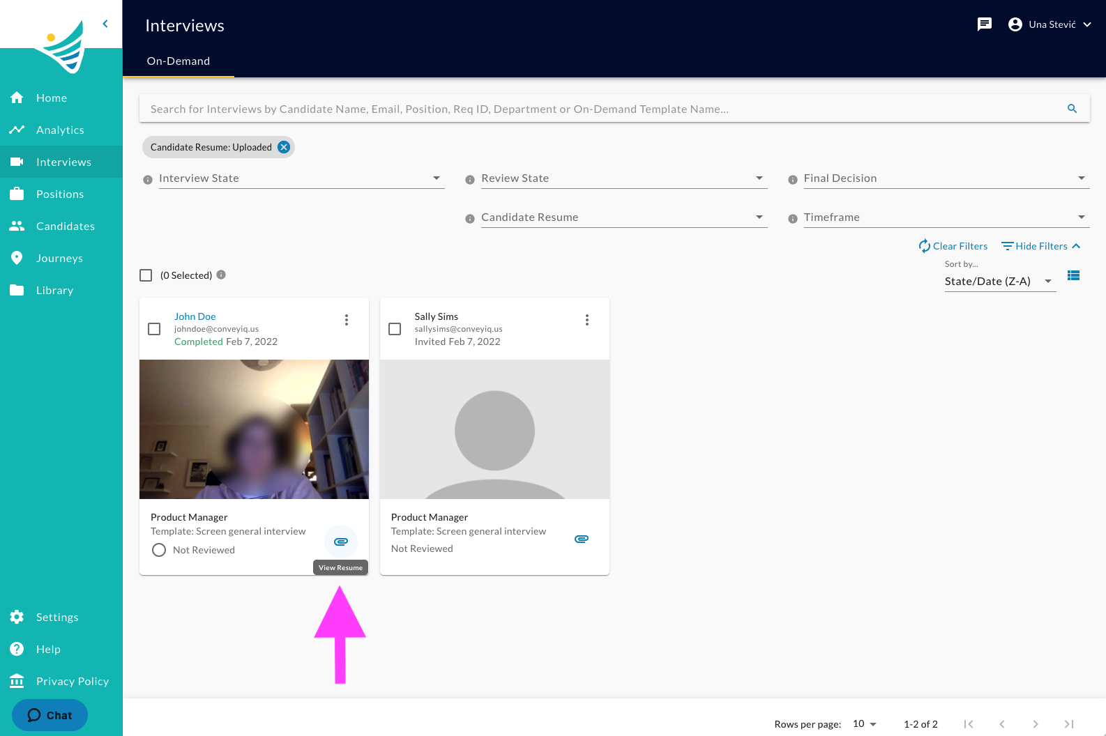 The Interviews page with an arrow pointing to the View Resume tooltip on a paperclip icon on an interview card