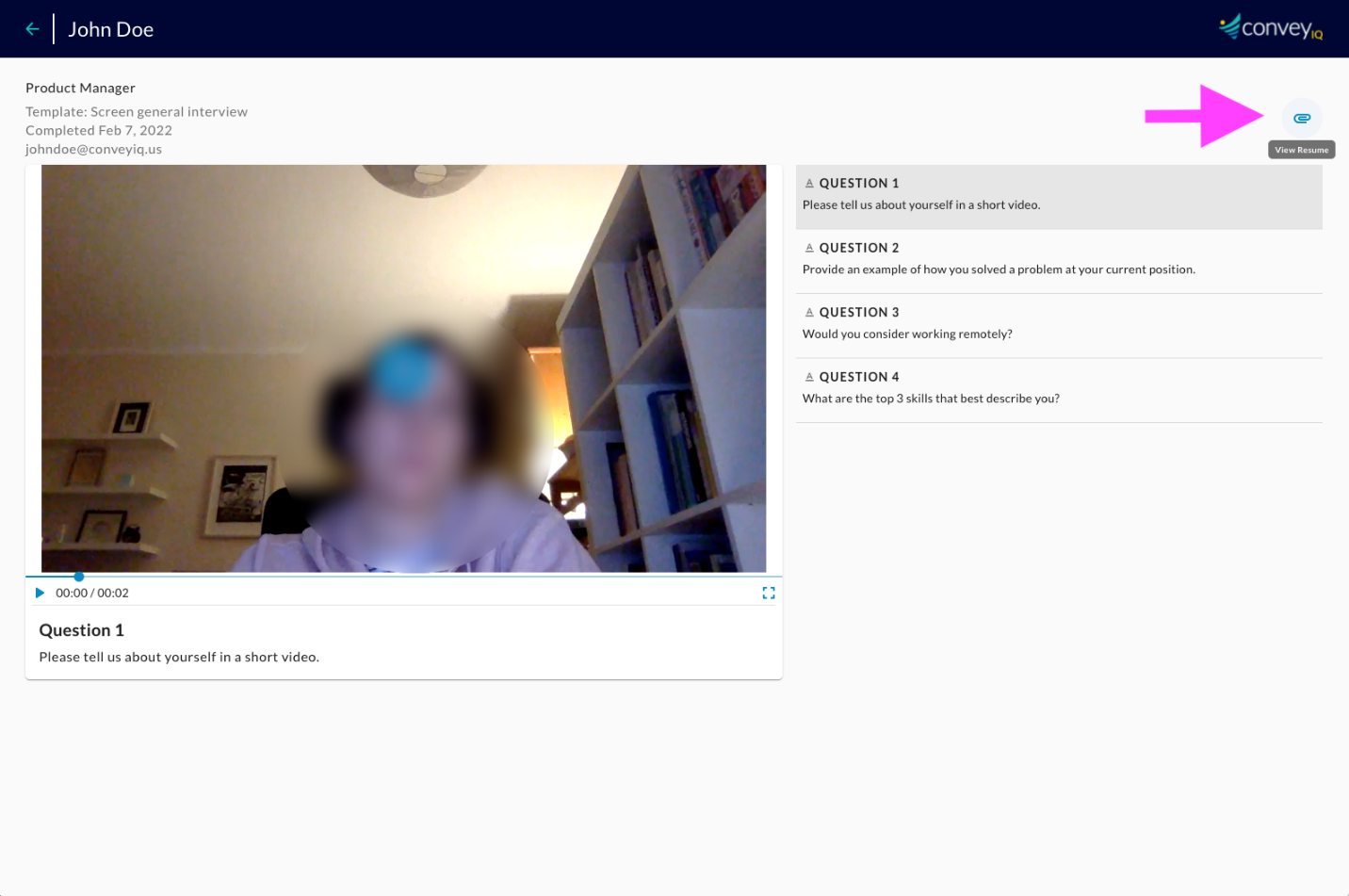 An interview page with an arrow pointing to the View Resume paperclip icon at the top right