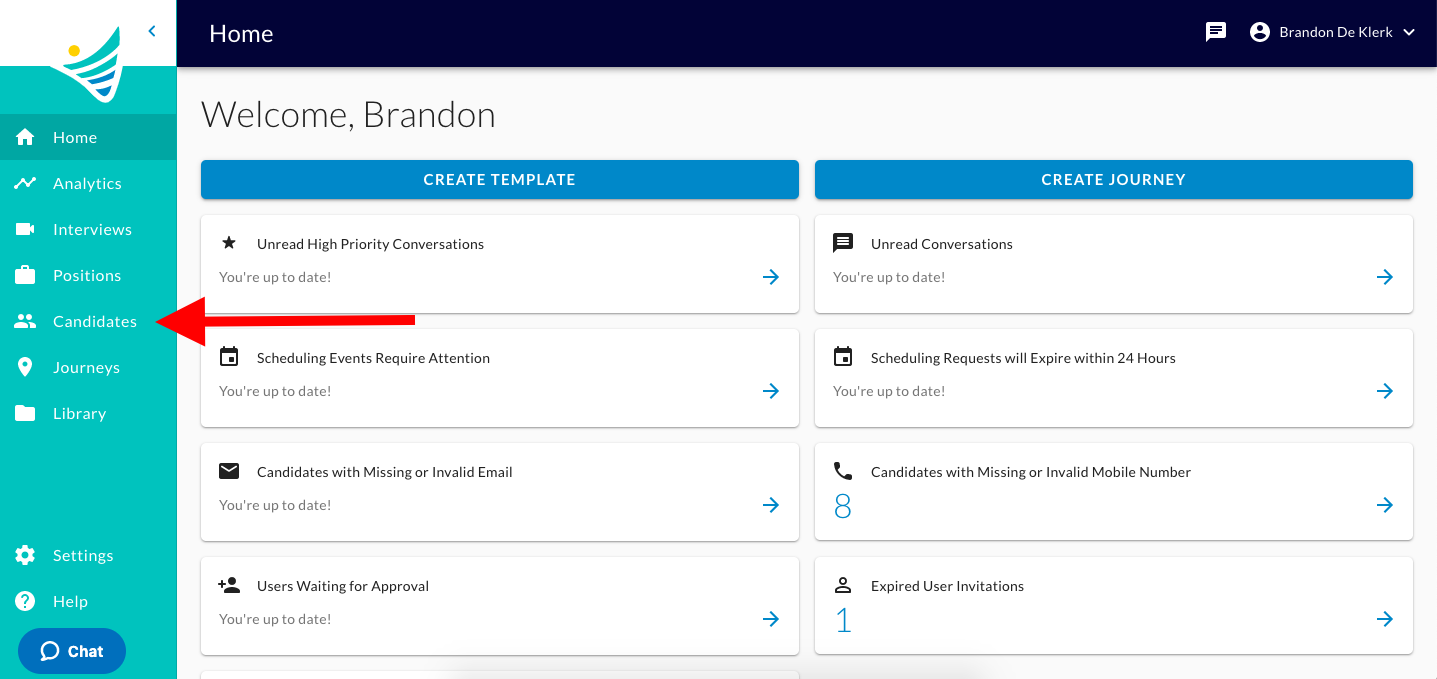 The ConveyIQ Home page with a red arrow pointing to Candidates in the left menu