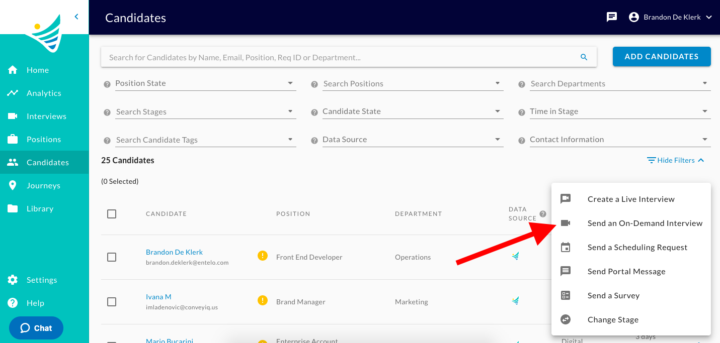 The Candidates page with the actions menu open and an arrow pointing to Send an On-Demand Interview
