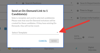 The Send an On-Demand Link dialog with an arrow pointing to the Select Template dropdown