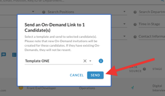 The Send an On-Demand Link dialog with Template ONE selected and an arrow pointing to the Send button