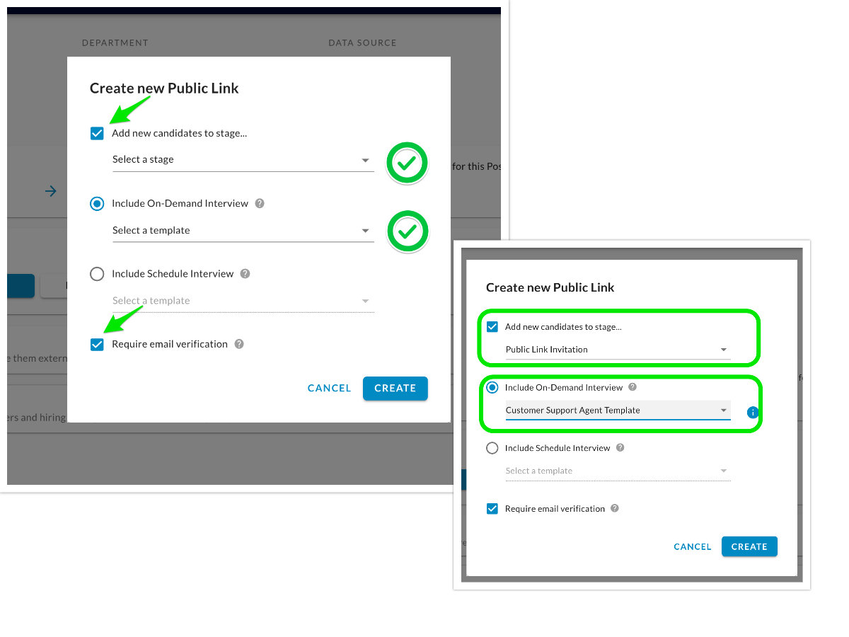The Create new Public Link dialog with stage, On-Demand template and email verification options marked, and a filled-in copy