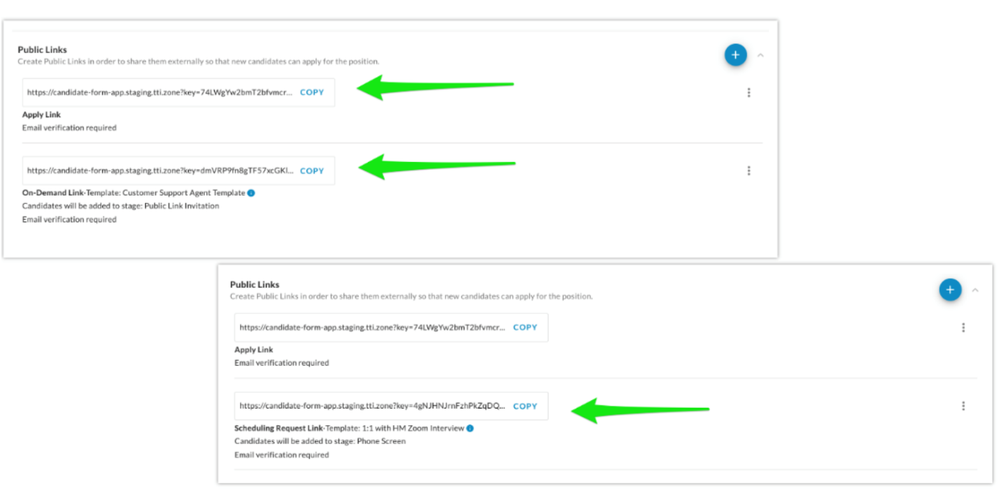 Two views of the Public Links section with arrows pointing to the link URLs
